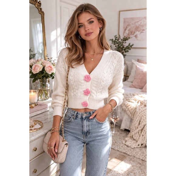 Love Tree Sweaters - Love Tree Y2K Cable Knit Cropped Crochet Cardigan Sweater Size L Coquette Rose